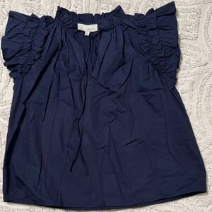 Pinch Navy Ruffle Sleeve Cotton Blouse